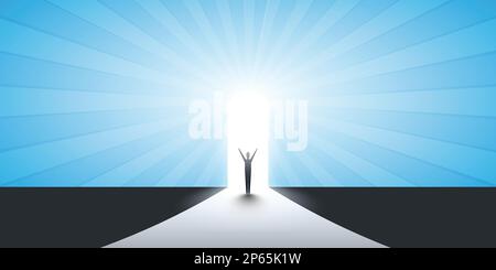 Neue Möglichkeiten, Hoffnung, Träume – Geschäft, Lösungsfindung – Mann steht vor einer Tür, Licht am Ende der Straße Stock Vektor