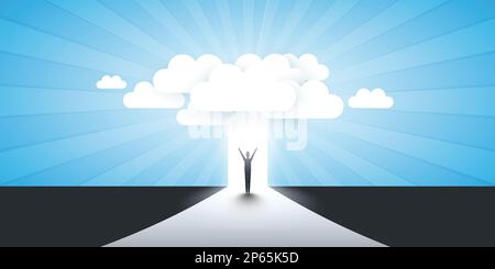 Neue Möglichkeiten, Hoffnung, Träume – Geschäft, Lösungsfindung – Mann steht vor einer Tür, unter dem wolkigen Himmel, Licht am Ende des Stock Vektor