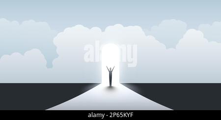 Neue Möglichkeiten, Hoffnung, Träume – Geschäft, Lösungsfindung – Geschäftsmann steht vor einer Tür, Licht am Ende der Straße Stock Vektor