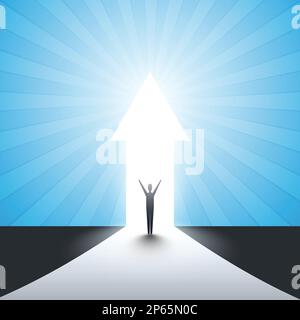 Neue Möglichkeiten, Hoffnung, Träume – Geschäft, Lösungsfindung – Mann steht vor einer Tür, Licht am Ende der Straße Stock Vektor