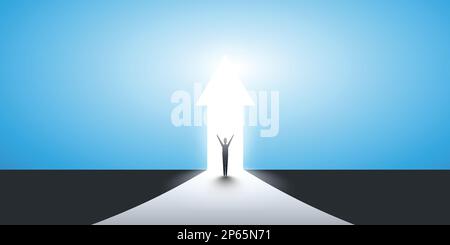 Neue Möglichkeiten, Hoffnung, Träume – Geschäft, Lösungsfindung – Mann steht vor einer Tür, Licht am Ende der Straße Stock Vektor