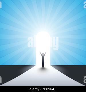 Neue Möglichkeiten, Hoffnung, Träume – Geschäft, Lösungsfindung – Mann steht vor einer Tür, Licht am Ende der Straße Stock Vektor