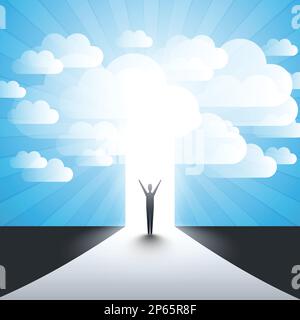 Neue Möglichkeiten, Hoffnung, Träume – Geschäft, Lösungsfindung – Mann steht vor einer Tür, unter dem wolkigen Himmel, Licht am Ende des Stock Vektor