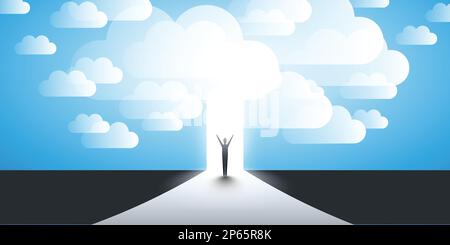 Neue Möglichkeiten, Hoffnung, Träume – Geschäft, Lösungsfindung – Mann steht vor einer Tür, unter dem wolkigen Himmel, Licht am Ende des Stock Vektor