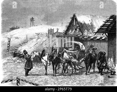 Der Schlittenbus hält an einem Staging Post, auch bekannt als Stage Station, Relay Station, Posting Station oder Stage Stop, Sibirien, Russland. Vintage-Gravur oder Illustration 1862 Relais Russe Siberia 1862 Stockfoto