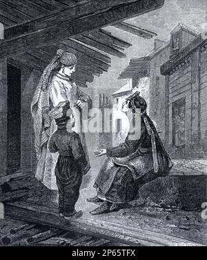 Frauen und Kinder in der Altstadt von Berezovo, Autonomer Okrug Khanty-Mansi, trägt regionales Kostüm Sibirien Russland. Vintage-Gravur oder Abbildung 1862 Stockfoto