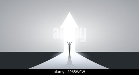 Neue Möglichkeiten, Hoffnung, Träume – Geschäft, Lösungsfindung – Mann steht vor einem Pfeil nach oben, Licht am Ende der Straße Stock Vektor