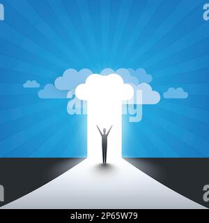 Neue Möglichkeiten, Hoffnung, Träume – Geschäft, Lösungsfindung – Mann steht vor einer Tür, unter dem wolkigen Himmel, Licht am Ende des Stock Vektor