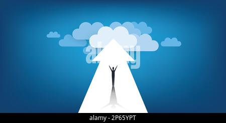 Neue Möglichkeiten, Hoffnung, Träume – Geschäft, Lösungsfindung – Mann steht auf einem großen Pfeil und zeigt auf Wolken am Ende der Straße Stock Vektor