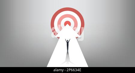 Neue Möglichkeiten, Hoffnung, Träume – Geschäftserfolge, Konzept zur Lösungsfindung – Mann steht auf einem großen Pfeil, der auf das Ziel zeigt Stock Vektor