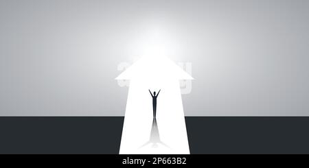 Neue Möglichkeiten, Hoffnung, Träume – Geschäft, Lösungsfindung – Mann steht auf einem großen Pfeil, helles Licht am Ende der Straße Stock Vektor