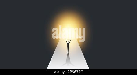 Neue Möglichkeiten, Hoffnung, Träume – Geschäftsziele, Lösungsfindung – Mann steht auf einem großen Pfeil, helles Licht am Ende der Straße Stock Vektor