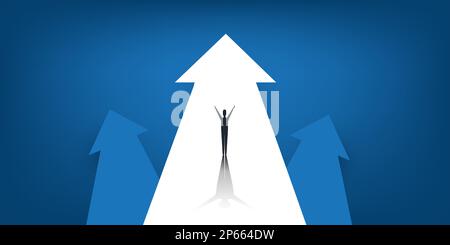 Neue Möglichkeiten, Hoffnung, Träume - Geschäftserfolge, Lösungsfindung - Mann steht auf einem großen Pfeil - Vektordarstellung Stock Vektor