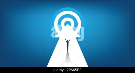 Neue Möglichkeiten, Hoffnung, Träume – Geschäftserfolge, Konzept zur Lösungsfindung – Mann steht auf einem großen Pfeil, der auf das Ziel zeigt Stock Vektor