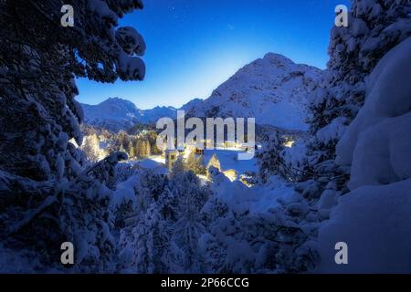 Märchenhafte Aussicht auf Chiesa Bianca bedeckt mit Schnee in einer Sternennacht, Maloja, Bregaglia, Engadine, Kanton Graubunden, Schweiz, Europa Stockfoto