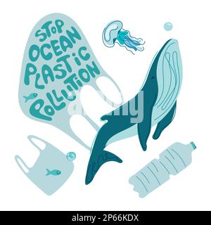 Die Meerestiere Quallen, Wale schwimmen mit Müll, Plastiktüte, Plastikflasche. Vektordarstellung mit Schriftzug STOPPT DIE MEERESVERSCHMUTZUNG PLASТIC Stock Vektor