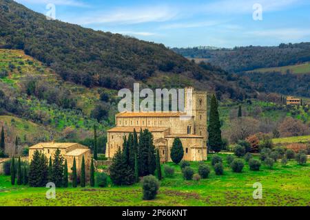 Abtei Sant'Antimo, Montalcino, Val d'Orcia, Toskana, Italien Stockfoto