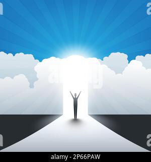 Neue Möglichkeiten, Hoffnung, Träume – Business, Solutions Finding oder Heaven Concept – Mann steht vor einer Tür unter einem wolkigen Himmel, Licht am Ende Stock Vektor