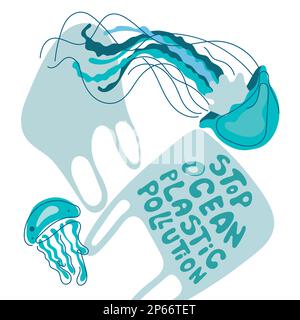 Die Meerestiere Quallen schwimmen mit Müll, Plastiktüte. Vektordarstellung mit Schriftzug STOPPT DIE MEERESVERSCHMUTZUNG PLASТIC. Klimawandel, RETTE DIE ERDE Stock Vektor