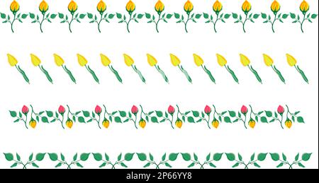 Grafische Ränder mit Rosenblüten und Tulpen, gelb auf transparentem Hintergrund Stock Vektor
