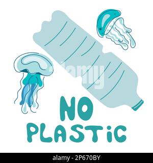 Schmutzige Meeresumwelt, Tiere Quallen schwimmen mit Müll, Plastikflasche. Vektordarstellung mit Beschriftung NO PLASТIC. Klimawandel, RETTE DIE ERDE Stock Vektor