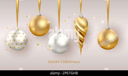 3D realistische Weihnachtsdekorationen mit goldenen Kugeln und Kugeln. Hintergrundbild zur Vektorfeier Stock Vektor