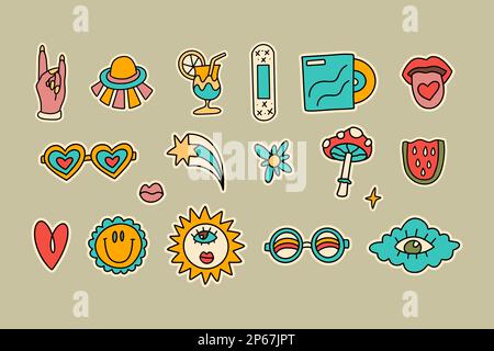 Groovy Icon Sticker Vektorset mit Brille Sonnenblumenwolke und Sternsymbolen. Flippiges Abzeichen-Label. Stock Vektor