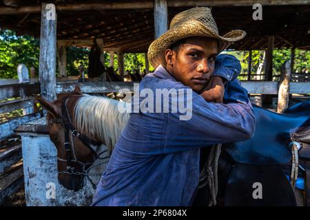 Porträt von Cowboy mit seinem Pferd auf einer Farm in der Nähe von Trinidad, Kuba, Westindischen Inseln, Karibik, Mittelamerika Stockfoto