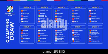 Fußball 2024 qualifizierende Bühnengruppen. Tabelle der Qualifikationsphase der Europameisterschaft 2024. Fußballnationalmannschaften mit Flaggensymbolen. Stock Vektor
