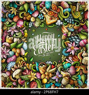 Happy Easter Vector Doodle Border Illustration. Elemente und Objekte aus dem Zeichentrickfilm „Spring Holiday“. Alle Elemente werden getrennt Stock Vektor