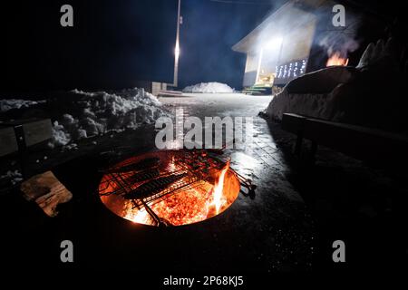 Gegrillte frische Meeresfrüchte mit Fisch beim Barbecue am Abend. Stockfoto