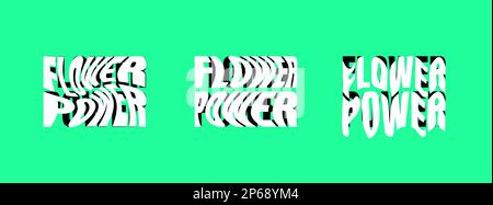 Logo-Set mit psychedelischen Schriftzeichen für Blumenkraft. Hippie Crazy Style Sticker Kollektion. Groovy Vibe Zitat Hippy Badge Designvorlagen. Verdrehtes, wellenförmiges und geschmolzenes Logo mit Y2K Wörtern Stock Vektor