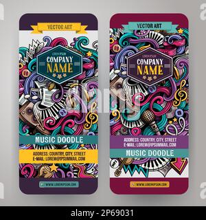 Cartoon Vektor Doodle Satz von Musik Banner Vorlagen. Corporate Identity für die Verwendung auf Einladungen, Karten, Apps, Branding, Flyern, Grußkarten, po Stock Vektor