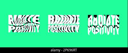 Strahlendes positives, psychedelisches Schriftzeichen-Logo-Set. Hippie Crazy Style Sticker Kollektion. Groovy Vibe Zitat Hippy Badge Designvorlagen. Verdrehtes, wellenförmiges und geschmolzenes Logo mit Y2K Wörtern Stock Vektor