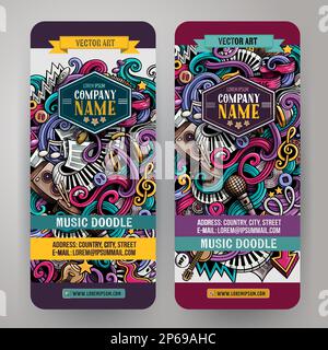 Cartoon Vektor Doodle Satz von Musik Banner Vorlagen. Corporate Identity für die Verwendung auf Einladungen, Karten, Apps, Branding, Flyern, Grußkarten, po Stock Vektor