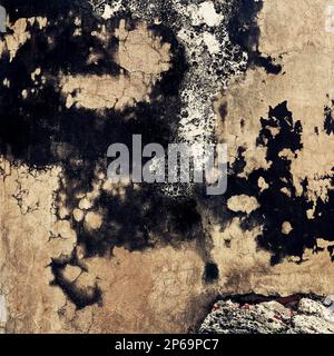 Schwarze Flecken durch Pilzmikroorganismen, die in Umgebungen mit hoher Luftfeuchtigkeit wachsen, sind an der Wand in der ummauerten Stadt während der jährlichen Regenzeit in Cartagena, Kolumbien zu sehen. Stockfoto