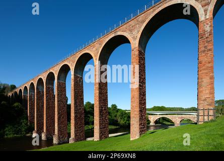 Sommeransicht des Leaderfoot Viaduct über dem Fluss Tweed bei Melrose an der schottischen Grenze in Schottland, Großbritannien Stockfoto