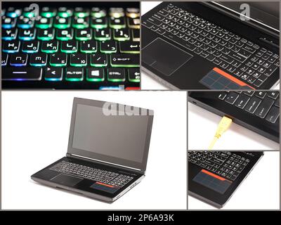 Collage mit schwarzem Gaming-Laptop modernes Design isoliert auf weißem Hintergrund und Tastatur im RGB-Format des Gaming-Laptops beleuchtet die Hintergrundbeleuchtung Stockfoto