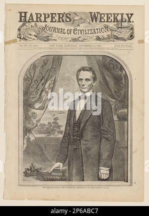 Unbekannt , Amerikaner, 19. Jahrhundert, Honig Abraham Lincoln, geboren in Kentucky, 12. Februar 1809, 10. November 1860, Holzgravierung auf Zeitungsdruckpapier. Stockfoto