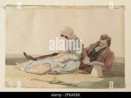 Auguste-Xavier Leprince, man Reading, Woman Nähen, 1809–1826, Aquarell auf gewebtem Papier. Stockfoto