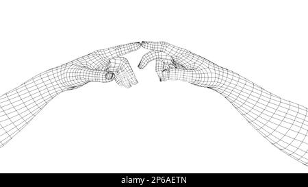 Zwei Drahtmodell-Hände berühren sich mit Zeigefinger auf weißem Hintergrund. Stockfoto