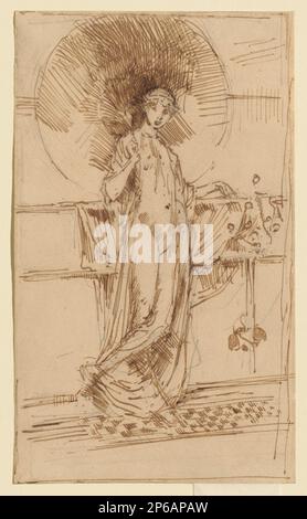 James McNeill Whistler, Frau mit einem Sonnenschirm (Sketch of „Harmony in Blue and Gold“), c. 1886, Stift und braune Tinte auf weißem Papier. Stockfoto