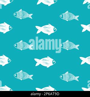 Nahtloses Muster mit nautischen Elementen von Kritzelfischen. Eine Reihe von Vektorbildern der Unterwasserwelt Stock Vektor