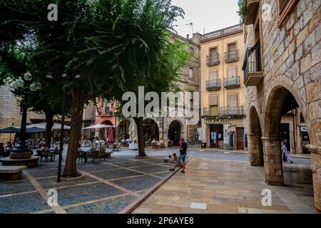 Plaza Major von Montblanc, Provinz Tarragona, Katalonien, Spanien Stockfoto