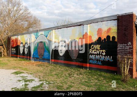 3. März 2014. Selma, Alabama. Edmund Pettus Brücke, Denkmäler für Bürgerrechte, Wandbild für den blutigen Sonntag, Amelia Boynton Robinson und Marie Foster Monument, Stockfoto