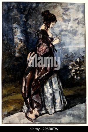 Stil der Constantin-Jungs, Lady in a Garden, 19. Jahrhundert, Stift und schwarze Tinte und Aquarell, teilweise mit Lack bedeckt, auf Papier. Stockfoto