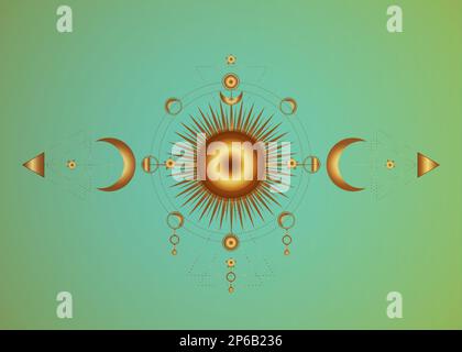 Kreis einer Mondphase und strahlende Sonne, goldene heilige Geometrie. Dreimondgöttsymbol einer heidnischen Hexe. Mystisches Tattoo, Astrologie, Alchemie, Bo Stock Vektor