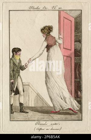 Philibert-Louis Debucourt, Modes et Manières Nr. 24: Prends vite (Coiffure en cheveus), 1800, handfarbige Ätzung auf Papier. Stockfoto