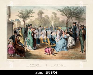 Unbekannt, La Musique, Konzert Militaire dans un jardin publique, 1840er, handfarbene Lithographie auf gewebtem Papier. Stockfoto