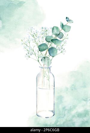 Eukalyptus- und Gypsophila-Äste in Vase, Flasche, Glas, grünen Wasserfarben. Handgezeichnete botanische Darstellung in Aquarell. Eco-minimalistisch Stockfoto